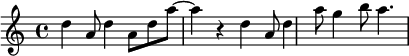 {\set Staff.midiInstrument = #"oboe" d''4 a'8 d''4 a'8 d'' a''8 ~ a''4 r4 d''4 a'8 d''4 a''8 g''4 b''8 a''4.}