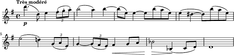 
\new Staff \with {midiInstrument = #"violin"} {
  \version "2.18.2"
  \relative c''{
  \key e \minor
  \time 4/4
  
  \tempo "Très modéré"
  d'4.\p (d,8) e4 \tuplet 3/2 { fis8-. (g-. a-.) }
  b2 (a4) b4 ~ b8 (e,) e4 ~ e8 b' (a e)
  e4 (dis ~ dis8)  b' (a e)
  e2 (d!4) \tuplet 3/2 { g,8 (a e) }
  g4 ~ \tuplet 3/2 { g8 (fis e) } fis4 \< g8 a
  bes2 \>  bes,4 \! (c8 d)
  d1
  }
}
  \midi {
    \context {
      \Score
      tempoWholesPerMinute = #(ly:make-moment 90 4)
    }
  }
