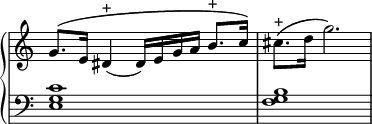 
\language "italiano"
upper = \relative do'' {
  \override Staff.TimeSignature #'stencil = ##f
  \clef treble
  \key do \major
  \phrasingSlurUp sol8.\( mi16 red4(^\markup{+} red16[) mi sol la] \stemUp si8.^\markup{+} do16\) | \stemNeutral dod8.\(^\markup{+} re16 sol2.\) |
}
lower = \relative do {
  \override Staff.TimeSignature #'stencil = ##f
  \clef bass
  \key do \major
   <do' sol mi>1 <sol fa si>
}
\score {
  \new PianoStaff <<
    \new Staff = "upper" \upper
    \new Staff = "lower" \lower
  >>
}
\header { tagline = ##f}
\paper {
  indent = 0
  line-width = #120
}
