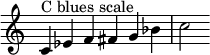 { \override Score.TimeSignature #'stencil = ##f \relative c' { \clef diskant \time 6/4 c4^\markup { "C blues scale" } es f fis g bes c2 } }
