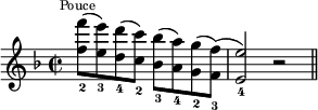 
\relative c'' {
  \time 2/2
  \key f \major
  <f_2 f'>8^\markup{\tiny\center-align{Pouce}}( <e_3 e'>)
  <d_4 d'>( <c_2 c'>) <bes_3 bes'>( <a_4 a'>) <g_2 g'>( <f_3 f'>)(
  <e_4 e'>2) r
  \bar "||"
}
