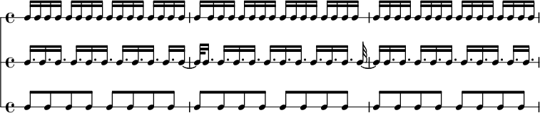 <<\new RhythmicStaff {\repeat unfold 12 {c16 d e f} }\new RhythmicStaff { \repeat unfold 3 {c16.[ d e] } c16. d16~ d32 f16. \repeat unfold 3 {c16.[ d e] } c32~ c16  d16. e \repeat unfold 2 {f16.[ c d] } e f}\new RhythmicStaff  { \repeat unfold 6 {c8 d e f} }>>