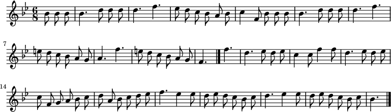 
\relative c'' {
  \time 6/8
  \key bes \major
  \partial 4.
  \autoBeamOff
  bes8 bes bes
  bes4. d8 d d
  d4. f
  ees8 d c bes a bes
  c4 f,8 bes bes bes
  bes4. d8 d d

  d4. f
  e8 d c bes a g
  a4. f'
  e8 d c bes a g
  f4. \bar "|." f'
  d4. ees8 d ees
  c4 c8 f4 f8
  d4. ees8 d ees

  c f, g a bes c
  d a bes c d ees
  f4. ees4 ees8
  d ees d c bes c
  d4. ees4 ees8
  d ees d c bes c
  bes4.
  \bar "|."
}
