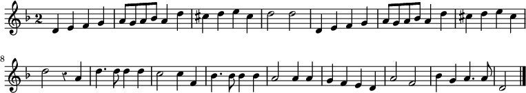 
\relative c' {
  \override Rest #'style = #'classical
  \key d \minor
  \override Staff.TimeSignature #'style = #'single-digit
  \time 2/2
  d e f g
  a8 g a bes a4 d
  cis d e  cis
  d2 d
  d,4 e f g
  a8 g a bes a4 d
  cis d e cis

  % tourne

  d2 r4 a
  d4. d8 d4 d
  c2 c4 f,
  bes4. bes8 bes4 bes
  a2 a4 a
  g f e d
  a'2 f
  bes4 g a4. a8
  d,2
  \bar "|."
}
