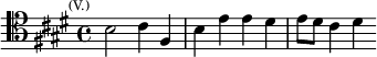 \relative b { \clef tenor \key e \major \time 4/4 \mark \markup \tiny { (V.) } b2 cis4 fis, | b e e dis | e8 dis cis4 dis }