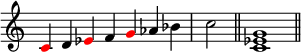 
{ \override Score.TimeSignature #'stencil = ##f \relative c' { \clef treble \time 7/4 \once \override NoteHead.color = #red c4 d \once \override NoteHead.color = #rood es f \once \override NoteHead.color = #red g aes bes \time 2/4 c2 \bar "||"  \time 4/4 <c, es g>1 \bar "||"  } }
