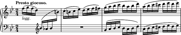 
 \relative c'' {
  \new PianoStaff <<
   \new Staff = "R" { \key bes \major \time 2/4  \set Score.tempoHideNote = ##t \tempo "Presto giocoso." 4=160
    f16_\markup \italic legg. ( g f d) s4 c16( b c es) d( es f fis)
    g( a bes c bes a bes d) a( bes c cis d es d es)
   }
   \new Staff = "L" {  \key bes \major \time 2/4 \clef bass
    s4 \clef treble bes,16 ( aes bes \change Staff = "R" b)
    \change Staff = "L" R2 g16( a bes c bes a bes d) a( bes c cis d es d es)
   }
  >>
 }
