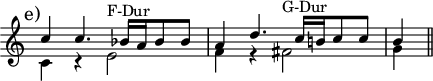 
\version "2.14.2"
\header {
  tagline = ##f
}
upper = \relative c'' {
  \override Score.TimeSignature.stencil=##f
  \clef treble 
  \key c \major
  \time 4/4
  \tempo 4 = 80

<< { \mark "e)" c4 c4. bes16[ a bes8 bes] a4 d4. c16[ b! c8 c] b4} \\ {c,4 r e2^"F-Dur" f4 r fis2^"G-Dur" g4 \bar "||"} >>

}

\score {
    \new Staff = "upper" \upper
  \layout {
    \context {
      \Score
      \remove "Metronome_mark_engraver"
      \remove "Bar_number_engraver"
    }
  }
  \midi { }
}
