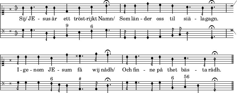 
\version "2.14.2"

% Lilypond i MediaWikis Score extension är tämligen begränsad då Lilypond körs i safe mode (lilypond -dsafe=#t)
% vilket slår av de flesta avancerade funktionerna av säkerhetsskäl. Dessutom kör svenska
% wikisource med en ganska gammal version av Lilypond (2.14) som saknar en del funktionalitet
% eller som är omöjlig att använda i safe mode.


%%% taktstreck %%%

% "divisioMaxima" = heldraget taktstreck
divMax = {
  % Egentligen vore det kanske önskvärt med divisioMaxima genom
  %    \once \override BreathingSign #'stencil = #ly:breathing-sign::divisio-maxima
  %    \once \override BreathingSign #'Y-offset = #0
  %    \breathe
  % men det fungerar inte av okänd anledning. Går inte heller att inkludera "gregorian.ly" (safe mode).
  %
  % i stället använder vi ett vanligt taktstreck. 
  \bar "|"
}

% slutstreck
divFin = {
  \bar "||"
}

%%% paper & layout %%%
\paper {
  indent=0\mm
  short-indent=0\mm
  oddFooterMarkup=##f
  oddHeaderMarkup=##f
  print-page-number=##f
}

% Vi kan inte ändra accidentalStyle manuellt. Som lösning använder vi MensuralVoice som har rätt bra inställningar.
%        \accidentalStyle "neo-modern"              % Kräver 2.15
%        #(ly:set-accidental-style 'neo-modern)  % Fungerar inte i safe mode

\layout {
  \context {
    \Score
    timing = ##f 
    \remove "Bar_number_engraver"
  }

%  \context {
%    \Staff
%    \override TimeSignature #'style = #'mensural
%    \override NoteHead #'style = #'petrucci
%  }

  % MyVoice = MensuralVoice med Petrucci NoteHeads
  \context {
    \MensuralVoice
    \name "MyVoice"
    \alias "Voice"
    \consists "Slur_engraver"
    \override NoteHead #'style = #'petrucci
    \override Rest #'style = #'mensural
%   \override Flag #'style = #'mensural   % 2.16+
    \override Stem #'flag-style = #'mensural   % 2.14
    \override Stem #'thickness = #1.7
%    \override Stem #'length = #5.5
  }

  % MyStaff = MensuralStaff, fast med taktstreck
  \context {
    \MensuralStaff
    \name "MyStaff"
    \alias "Staff"
    \denies "Voice"
    \defaultchild "MyVoice"
    \accepts "MyVoice"
    \override BarLine #'transparent = ##f
    \override StaffSymbol #'thickness = #1.0 % default
%    \override StaffSymbol #'thickness = #1.3
  }

  \context {
    \Score
    \accepts "MyStaff"
  }
}

%%% takt, tonart etc %%%

pre = {
  \time 2/4
  \key g \major
}

premelody = {
  \autoBeamOff
  \clef "petrucci-c1"
  \pre
}

prebass = {
  \autoBeamOff
  \clef "mensural-f"
  \pre
}

voicename = MyVoice

%%% melodi %%%

melody = \relative c' {
  g'8 g4. a8 g4 d4 g4 a4 b4.\fermata\divMax
b8 b4 d4 c4 b4 a4. g8 g4.\fermata\divMax
b8 b4 b4 a4 d4 cis4. e8 d4.\fermata\divMax
b8 b4. a8 b4 g4 a4. g8 g2\fermata\divFin
}

%%% bas %%%

bass = \relative c {
  g'8 g4. d8 g,4 b4^"9" e4 fis4^"6" g4.\divMax
g,8 g4 g4 a4 b8 c8 d2 g,4.\fermata\divMax
g'8 g4 g4 fis8^"6" e8 d4 a4.^"#" a8 d4.\fermata\divMax
g8 g4. fis8 g4 b,4^"6" c4^"56" d4 g,2\fermata\divFin
}

verse = \lyricmode {
 Sij/ JE -- sus är ett tröst -- rijkt Namn/
Som län -- der oss til siä -- la -- gagn.
I -- ge -- nom JE -- sum få wij nådh/
Och fin -- ne på thet bäs -- ta rådh.
}

%%%%%%%%%%%%%%%%%%%%%%%%%%%%%%%%%%%%%%%%%%%%%%%%%%%%%%%%%%%%%%%%%%%%%%%%%%%%%%

%%% png / svg %%%

\score {
  <<
    \new \voicename = "melody" { \premelody \melody }
      \new Lyrics \lyricsto "melody" { \verse }
    \new \voicename {\prebass \bass }
  >>
  \layout {}
}

%%% midi / ogg %%%

\score {
  <<
  \new Staff { \unfoldRepeats { \melody } }
  \new Staff { \unfoldRepeats { \bass } }
  >>
  \midi {
    % \tempo 60 2  % 2.16+
    \context {
      \Score
      tempoWholesPerMinute = #(ly:make-moment 60 2)
    }
    \context {
      \Staff
      midiInstrument = #"church organ"
    }
  }
}
