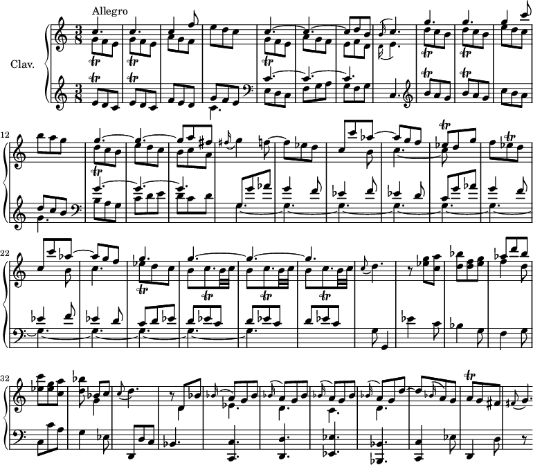\version "2.18.2"\header {  tagline = ##f  % composer = "Domenico Scarlatti"  % opus = "K. 133"  % meter = "Allegro"}%% les petites notestrillGq       = { \tag #'print { g8\trill } \tag #'midi { a32 g a g } }trillGqDown   = { \tag #'print { g,8\trill } \tag #'midi { a32 g a g } }trillDqDown   = { \tag #'print { d,8\trill } \tag #'midi { e32 d e d } }trillDq       = { \tag #'print { d8\trill } \tag #'midi { e32 d e d } }trillEesq     = { \tag #'print { ees8\trill } \tag #'midi { f32 ees f ees } }trillCqp      = { \tag #'print { c8.\trill } \tag #'midi { d32 c d c~ c16 } }appoDp        = { \tag #'print { \appoggiatura c8 d4. } \tag #'midi { c8   \tempo 4. = 60 d4   \tempo 4. = 94 } }appG          = { \tag #'print { \appoggiatura fis'16 g4 } \tag #'midi { fis8   \tempo 4. = 50 g8   \tempo 4. = 94 } }appoEp        = { \tag #'print { \appoggiatura d16 e4. } \tag #'midi { d8   \tempo 4. = 70 e4   \tempo 4. = 94 } }appoCp        = { \tag #'print { \appoggiatura b16 c4. } \tag #'midi { b8   \tempo 4. = 70 c4   \tempo 4. = 94 } }trillBqUpUp   = { \tag #'print { b''8\trill } \tag #'midi { c32 b c b } }trillEq       = { \tag #'print { e8\trill } \tag #'midi { f32 e f e } }trillAq       = { \tag #'print { a8\trill } \tag #'midi { bes32 a bes a } }upper = \relative c'' {  \clef treble   \key c \major  \time 3/8  \tempo 4. = 94  \set Staff.midiInstrument = #"harpsichord"  \override TupletBracket.bracket-visibility = ##f      s8*0^\markup{Allegro}      << { c4. c c4 f8 }       \\ { \repeat unfold 2 { \trillGqDown f e } a8 g f } >> | e'8 d   \tempo 4. = 70 c |   \tempo 4. = 94 << { c4.~ c~ c8 d b | \appoCp  } \\ { \trillGq f8 e | a g f | e f d | \appoEp } >>      % ms. 9      << { g'4. g g4 c8 }       \\ { \repeat unfold 2 { \trillDqDown c8 b } e8 d c } >> | b'8 a   \tempo 4. = 70 g   \tempo 4. = 94 |       << { g4.~ g~ g8 a fis }       \\ { \trillDq c8 b | e8 d c | b c a } >>       % ms. 16      \appG f8~ | f ees d | << { c8 c' aes~ | aes g f | \trillEesq d8 g } \\ { s4 b,8 | c4.~ | c8 } >>      % ms. 21      f8 \trillEesq d8 | << { c8 c' aes~ | aes g f | g4. | g4.~ g~ g } \\ { s4 b,8 | c4.~ | \trillEesq d8 c | \repeat unfold 3 { b8 \trillCqp b32 c } } >>      % ms. 28      \appoDp | r8 < ees g >8 < c a' > | < d bes' > < d f > < e g > | << { aes8 d b } \\ { f4 d8 } >> | < ees c' >8 < ees g > < c a' > | < d bes' > << { bes8 c } \\ { g4 } >> | \appoDp |      % ms. 35      r8        << { d,8 bes' | \repeat unfold 3 { \appoggiatura bes16 a8 g bes } | \appoggiatura bes16 a8 g d'~ | d8 \appoggiatura bes16 a8 g | \trillAq g fis }       \\ { d4 | ees4. d c d } >> |      % ms. 42      \appoggiatura fis8 g4.*1/4 |}lower = \relative c' {  \clef bass  \key c \major  \time 3/8  \set Staff.midiInstrument = #"harpsichord"  \override TupletBracket.bracket-visibility = ##f    % ************************************** \appoggiatura a8  \repeat unfold 2 {  } \times 2/3 { }   \omit TupletNumber         \clef treble \repeat unfold 2 { \trillEq d8 c } | f e d | << { g8 f e } \\ { c4. } >> |   \clef bass << { c4.~ c~ c } \\ { e,8 d c | f g a | g f g } >>      % ms. 8      c,4. \clef treble \repeat unfold 2 { \trillBqUpUp a8 g } | c8 b a | << { d8 c b } \\ { g4. } >> | \clef bass << { g4.~ g~ g } \\ { b,8 a g | c d e | d c d } >>      % ms. 16      << { \mergeDifferentlyDottedOn g,8 \repeat unfold 2 { g'8 aes | g4 f8 | ees4 f8 | ees4 d8 | c } d8 ees | \repeat unfold 3 { d ees c } }       \\ { \repeat unfold 11 { g4.~ }  } >>       % ms. 21      g8 g,4 | ees''4 c8 | bes4 g8 | f4 g8 | c,8 c' a | g4 ees8 | d,8 d' c |      % ms. 35      bes4. | < c, c' >4. < d d' > < ees ees' > < bes bes' > < c c' >4 ees'8 | d,4 d'8 |       % ms. 42      r8}thePianoStaff = \new PianoStaff <<    \set PianoStaff.instrumentName = #"Clav."    \new Staff = "upper" \upper    \new Staff = "lower" \lower  >>\score {  \keepWithTag #'print \thePianoStaff  \layout {      #(layout-set-staff-size 17)    \context {      \Score     \override SpacingSpanner.common-shortest-duration = #(ly:make-moment 1/2)      \remove "Metronome_mark_engraver"    }  }}\score {  \keepWithTag #'midi \thePianoStaff  \midi { }}