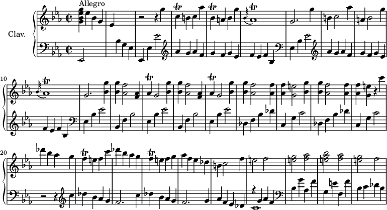 
\version "2.18.2"
\header {
  tagline = ##f
  % composer = "Domenico Scarlatti"
  % opus = "K. 123"
  % meter = "Allegro"
}

%% les petites notes
trillBesDown     = { \tag #'print { bes,4\trill } \tag #'midi { \times 2/3 { c16 bes c } bes8 } }
trillCDown       = { \tag #'print { c,4\trill } \tag #'midi { \times 2/3 { d16 c d } c8 } }
trillAesr        = { \tag #'print { \appoggiatura bes,32 aes1\trill } \tag #'midi { \repeat unfold 5 { bes16 aes~ } aes4 g16 aes } }
trillAes         = { \tag #'print { aes4\trill } \tag #'midi { \times 2/3 { bes16 aes bes } aes8 } }
trillF           = { \tag #'print { f4\trill } \tag #'midi { \times 2/3 { g16 f g } f8 } }

upper = \relative c'' {
  \clef treble 
  \key ees \major
  \time 2/2
  \tempo 2 = 92
  \set Staff.midiInstrument = #"harpsichord"
  \override TupletBracket.bracket-visibility = ##f

      s8*0^\markup{Allegro}
      < g bes ees g >4 ees' bes g | ees s2. | r2 r4 g'4 \trillCDown b4 c aes' | \trillBesDown a4 bes g' |
      % ms. 6
      \trillAesr | g2. g'4 | b, c2 aes'4 | a,! bes2 g'4 | \trillAesr | g2. < bes g' >4
      % ms. 12
      \repeat unfold 2 { < bes g' >4 < aes f' >2 < f aes >4 | \trillAes g2 < bes g' >4 } | q < aes f' >2 q4 | q < g e' >2 < bes g' >4
      % ms. 18
      q < aes f' >2 q4 | q < g e' >4 r4 c'4 | des bes aes g | \trillF e4 f c' | des bes aes g | \trillF e4 f g |
      % ms. 24
      aes4 f ees des | b c2 f4 | e2 f | < e g > < f aes > | < e g bes > < f aes > | < e g > f | 

}

lower = \relative c' {
  \clef bass
  \key ees \major
  \time 2/2
  \set Staff.midiInstrument = #"harpsichord"
  \override TupletBracket.bracket-visibility = ##f

    % ************************************** \appoggiatura \repeat unfold 2 {  } \times 2/3 { }
      ees,,2 s2. bes''4 g ees | ees, ees' ees'2 |
      % ms. 4
      \repeat unfold 2 {   \clef treble  aes4 g aes f | g f g ees | f ees f bes, |    \clef bass ees, bes' ees2   }
      % ms. 12
      \repeat unfold 2 { bes,4 f' bes2 | ees,4 bes' ees2 } | \repeat unfold 2 { des,4 f bes des | c, g' c2 } |  
      % ms. 20
      r2 r4 \clef treble   c'4 | des bes aes g | f2. c'4 | des bes aes g |
      % ms. 24
      f2. g4 | aes4 f ees des| << { r4 g4 aes f } \\ { c1 } >>  |   \clef bass bes4 g' aes, f' | g, e' f, f' | bes, c des bes |

}

thePianoStaff = \new PianoStaff <<
    \set PianoStaff.instrumentName = #"Clav."
    \new Staff = "upper" \upper
    \new Staff = "lower" \lower
  >>

\score {
  \keepWithTag #'print \thePianoStaff
  \layout {
      #(layout-set-staff-size 17)
    \context {
      \Score
     \override SpacingSpanner.common-shortest-duration = #(ly:make-moment 1/2)
      \remove "Metronome_mark_engraver"
    }
  }
}

\score {
  \keepWithTag #'midi \thePianoStaff
  \midi { }
}
