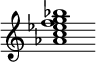 {
  % Rivin lopun pystyviiva ja tahtiosoitus piiloon.
  \override Score.BarLine.break-visibility = ##(#f #t #t)
  \override Staff.TimeSignature #'stencil = ##f
  
  <aes' c'' ees'' f'' g'' bes''>1
}
