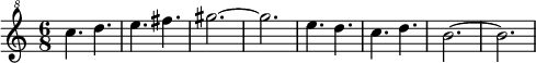 \relative c''' {\clef "treble^8" \time 6/8 c4. d e fis gis2.~ gis e4. d c d h2.~ h }