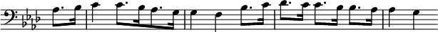 { \override Score.TimeSignature #'stencil = ##f \time 3/4 \clef bass \key aes \major \partial 4 \relative a { aes8. bes16 c4 c8.[ bes16 aes8. g16] | g4 f bes8. c16 | des8. c16 c8. bes16 bes8. aes16 | aes4 g } }