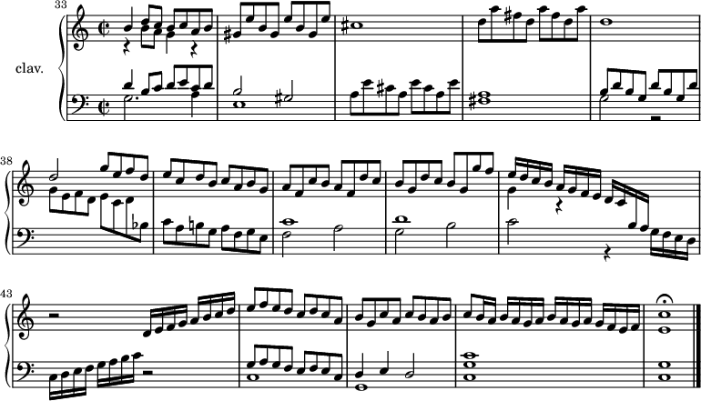 
\version "2.18.2"
\header {
 tagline=##f
}
upper=\relative c'' {
 \clef treble
 \key c \major
 \time 2/2
 \tempo 2=92
 \set Score.currentBarNumber=#33
 \bar ""

 << { b4 d8 c b c a b gis e' b gis e' b gis e' } \\ { r4 b8 a g4 r4 } >>
 cis1 d8 a' fis d a' fis d a'|d,1 \stemUp d2 g8 e f d e c d b c a b g|a f c' b a f d' c|b g d' c b g g' f|
 << { \tempo 2=96 e16[ d c b] a[ g f e] d[ c \change Staff="lower" b a] } \\ { g'4 r4 } >>
 \tempo 2=90 s4 r2 d16[ e f g] a b c d|e8 f e d c d c a|b g c a c b a b|\tempo 2=85 c8 b16 a \repeat unfold 2 { b16[ a g a] } g f \tempo 2=50 e f|< e c' >1\fermata \bar "|."

}

lower=\relative c' {
 \clef bass
 \key c \major
 \time 2/2

 << { d4 b8 c d e c d|b2 gis } \\ { g2. a4|e1 } >>
 a8 e' cis a e' cis a e'
 << { a,1|b8 d b g d' b g d' \stemDown \change Staff="upper" g8 e f d e c d \change Staff="lower" bes8 } \\ { fis1|g2 r2 } >>
 c8 a b! g a f g e 
 << { c'1 d } \\ { f,2 a g b c r4 g16 f e d } >>
 \tempo 2=110 c16[ d e f] g a b c r2 
 << { \tempo 2=90 g8[ a g f] e f e c d4 e d2|c'1 } \\ { c,1|g|< c g' >1|q } >>
 
}

\score {
 \new PianoStaff <<
 \set PianoStaff.instrumentName=#"clav."
 \new Staff="upper" \upper
 \new Staff="lower" \lower
 >>
 \layout {
 #(layout-set-staff-size 17)
 \context {
 \Score
 \override SpacingSpanner.common-shortest-duration=#(ly:make-moment 1/2)
 \remove "Metronome_mark_engraver"
 }
 }
 \midi { \set Staff.midiInstrument=#"harpsichord" }
}
