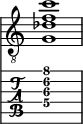  
<<
  %\override Score.BarLine.break-visibility = ##(#f #t #t)
  \time 1/1
    \new Staff  {
    \clef "treble_8"
        \once \override Staff.TimeSignature #'stencil = ##f
        <  g des' f' c''>1
    }

     \new TabStaff {
       \override Stem #'transparent = ##t
       \override Beam #'transparent = ##t 
      <  g\4 cis'\3 f'\2 c''\1>1
  }
>>
