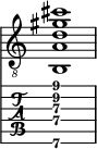  
<<
  %\override Score.BarLine.break-visibility = ##(#f #t #t)
  \time 1/1
    \new Staff  {
    \clef "treble_8"
        \once \override Staff.TimeSignature #'stencil = ##f
        <b,  a d' gis' cis''>1
    }

     \new TabStaff {
       \override Stem #'transparent = ##t
       \override Beam #'transparent = ##t 
      <b,\6  a\4 d'\3 gis'\2 cis''\1>1
  }
>>
