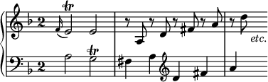 
\language "italiano"
\score {
  \new PianoStaff <<
    \new Staff = "mel" <<
      \override Staff.TimeSignature.style = #'single-digit
      \clef "treble" \key fa \major \time 2/1
      \new Voice = "mel"  { 
        \relative do' {
         \cadenzaOn s4 \appoggiatura fa16 mi2\trill mi \bar "|" r8 la, r re r fad r la \bar "|" r re_\markup { \hspace #2 { \italic "etc." }} \cadenzaOff
        }
      }
    >>
    \new Staff = "mel" <<
      \override Staff.TimeSignature.style = #'single-digit
      \clef "bass" \key fa \major \time 2/1
      \new Voice = "mel"  { 
         \relative do' {
         \cadenzaOn s4 la2 sol\trill | fad4 la \clef treble re fad | la \cadenzaOff
        }
      }
    >>
  >>
  \layout {
    indent = 0\cm
    line-width = #120
    \override Score.BarNumber #'stencil = ##f
  }
  \midi { }
}
\header { tagline = ##f}
