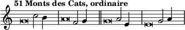 \language "français"
 \relative { 
  \key do \major 
  \tempo "51 Monts des Cats, ordinaire"   
  \set Score.tempoHideNote = ##t 
  \tempo 4 = 200 \cadenzaOn
            \override Score.TimeSignature.stencil = ##f
            \override Score.SpacingSpanner.common-shortest-duration = #(ly:make-moment 1 2)
\tweak duration-log #-1 \tweak Stem.stencil ##f
sol'2 do2 si4 s4.\bar"|"
\tweak duration-log #-1 \tweak Stem.stencil ##f
la2 fa2 sol4 s4.\bar"||"
\tweak duration-log #-1 \tweak Stem.stencil ##f
sol2 la2 mi4 s4.\bar"|"
\tweak duration-log #-1 \tweak Stem.stencil ##f
mi2 sol2 la4 s4.\bar"|"
\cadenzaOff }