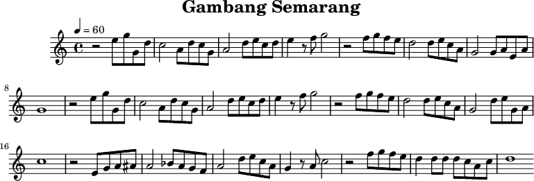 
X:1
L:1/4
T:Gambang Semarang
M:4/4
K:C
Q:1/4=60
C:
z2 e/2 g/2 G/2 d/2 | c2 A/2 d/2 c/2 G/2 | A2 d/2 e/2 c/2 d/2 | e z/2 f/2 g2 | z2 f/2 g/2 f/2 e/2 |d2 d/2 e/2 c/2 A/2 | G2 G/2 A/2 E/2 A/2 | G4 | z2 e/2 g/2 G/2 d/2 | c2 A/2 d/2 c/2 G/2 | A2 d/2 e/2 c/2 d/2 | e z/2 f/2 g2 | z2 f/2 g/2 f/2 e/2 |d2 d/2 e/2 c/2 A/2 | G2 d/2 e/2 G/2 A/2 | c4 | z2 E/2 G/2 A/2 ^A/2 | A2 _B/2 A/2 G/2 F/2 | A2 d/2 e/2 c/2 A/2 | G z/2 A/2 c2 | z2 f/2 g/2 f/2 e/2 | d d/2 d/2 d/2 c/2 A/2 c/2 | d4
