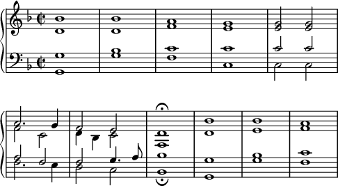 
\language "italiano"
\score {
  \new PianoStaff <<
    \new Staff <<
      \clef "treble"
      \time 2/2
      \new Voice { 
        \relative do'' { 
         \key fa \major
         <sib re,>1 | <sib re,> | <la fa> | <sol mi> | <sol mi>2 <sol mi> | \break
         \override Score.Clef.break-visibility = ##(#f #f #f)
         \override Score.KeySignature.break-visibility = ##(#f #f #f)
         << { la2. sol4 | fa2 mi } \\ { fa2 do | re4 sib do2 } >> | <re fa,>1\fermata <sib' re,> | <sib mi,> | <la fa> |
        }
      }
    >>
    \new Staff <<
      \clef "bass"
      \key fa \major
      \time 2/2
      \new Voice {
        \relative do' { 
          <sol sol,>1 | <sib sol> | <do fa,> | <do do,> | << { do2 do } \\ { do,2 do  } >> | \break
         \override Score.Clef.break-visibility = ##(#f #f #f)
         \override Score.KeySignature.break-visibility = ##(#f #f #f)
         << { la'2 fa | fa sol4. la8 } \\ {fa2. mi4 | re2 do } >> | <sib' sib,>1_\fermata | <sol sol,>1 | <sib sol>1 | <do fa,>1 |
        }
      }
    >>
  >>
  \layout {
    \context { \Staff \RemoveEmptyStaves }
    indent = 0\cm
    line-width = #120
    \override Score.BarNumber #'stencil = ##f
  }
}
\header { tagline = ##f}
