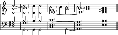 { \override Score.TimeSignature #'stencil = ##f \time 3/2 \partial 2 << \relative d'' { << { d2\glissando b1. g1 a2 a\glissando c1 b\breve*3/4 \bar "||" } \\ { <a d,>2\glissando <d d,>2. q4 q2 c2. c4 c2 c2\glissando a1 <gis e>\breve*3/4 } \\ { s2 s1. \tieDown e1. ~ e } >> }
\new Staff { \clef bass \relative a << { a2 b2. b4 b2 c1. a <b e,>\breve*3/4 } \\ { <fis d>2 g,2. g4 g2 c1 a2 ~ a1. } \\ { s2 g'1. e ~ e } >> }
 >> }