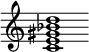 {
  % Rivin lopun pystyviiva ja tahtiosoitus piiloon.
  \override Score.BarLine.break-visibility = ##(#f #t #t)
  \override Staff.TimeSignature #'stencil = ##f
  
  <c' e' gis' bes' d''>1
}
