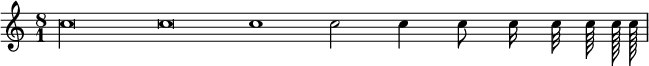 
\relative {
  \time 8/1
  \autoBeamOff
  c''\longa c\breve c1 c2
  c4 c8 c16 c32 c64 c128 c128
}
