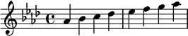  \relative c'' { \clef treble\key as \major as bes c des | es f g as } 