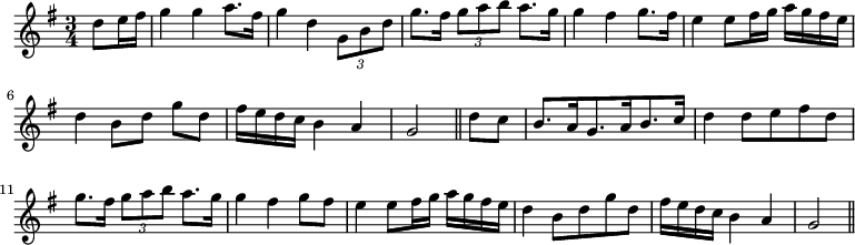 { \set Staff.midiInstrument = #"orchestral harp" \time 3/4 \key g \major \partial 4 \relative d'' { d8 e16 fis | g4 g a8. fis16 | g4 d \times 2/3 { g,8 b d } | g8. fis16 \times 2/3 { g8 a b } a8. g16 | g4 fis g8. fis16 | e4 e8 fis16 g a g fis e | d4 b8[ d] g[ d] | fis16 e d c b4 a | g2 \bar "||" d'8 c | b8.[ a16 g8. a16 b8. c16] | d4 d8 e fis d | g8. fis16 \times 2/3 { g8 a b } a8. g16 | g4 fis g8 fis | e4 e8 fis16 g a g fis e | d4 b8 d g d | fis16 e d c b4 a | g2 \bar "||" } }