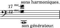 
<<
  \new Voice = "basse" \relative c, {
    \clef bass
    \override Staff.TimeSignature #'stencil = ##f
    c1_"son générateur."
  }
  \\
  \new Voice \with { \consists "Balloon_engraver" } \relative c' {
    \override Stem #'stencil = ##f
    <g-\balloonText #'(-1 . 0) \markup { "      12" \super me } e'-\balloonText #'(-1 . 0) \markup { "17"\super me }  >4^\markup{"sons harmoniques."}
  }
>>
