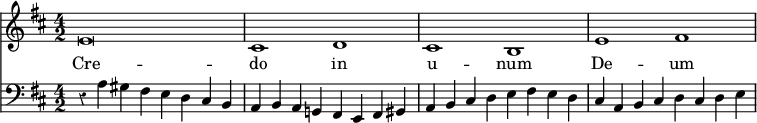 { << \new Staff \with {midiInstrument = #"church organ"} { \time 4/2 \key b \minor \relative e' { e\breve cis1 d cis b e fis } } \addlyrics { Cre -- do in u -- num De -- um }
\new Staff \with {midiInstrument = #"church organ"} { \clef bass \key b \minor \override Staff.Rest #'style = #'classical \relative a { r4 a gis fis e d cis b | a b a g! fis e fis gis | a b cis d e fis e d | cis a b cis d cis d e | } } >> }