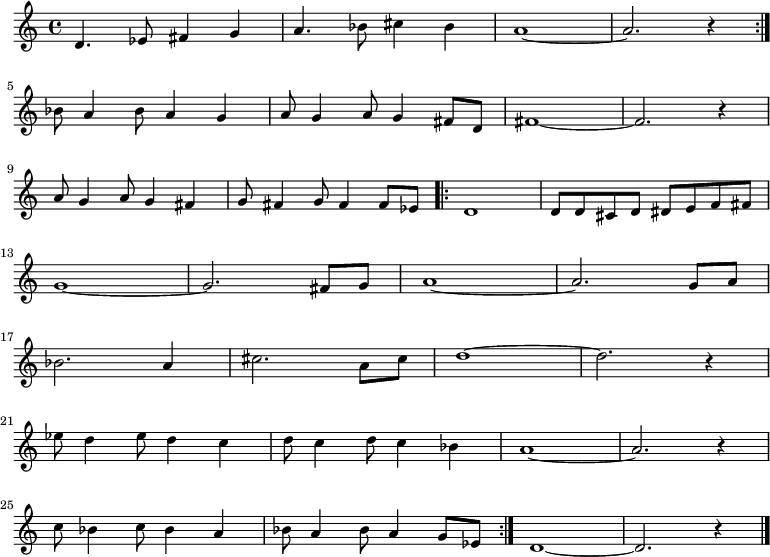 
\new Staff {
  \relative c'' {
    \key c \major
    \time 4/4
    \repeat volta 2 {
      d,4. ees8 fis4 g
      a4. bes8 cis4 bes
      a1 ~
      a2. r4
    } \break
    bes8 a4 bes8 a4 g
    a8 g4 a8 g4 fis8 d
    fis1 ~
    fis2. r4 \break
    a8 g4 a8 g4 fis
    g8 fis4 g8 fis4 fis8 ees
    \repeat volta 2 {
      d1
      d8 d cis d dis e f fis \break
      g1 ~
      g2. fis8 g
      a1 ~
      a2. g8 a \break
      bes2. a4
      cis2. a8 cis
      d1 ~
      d2. r4 \break
      ees8 d4 ees8 d4 c
      d8 c4 d8 c4 bes
      a1 ~
      a2. r4 \break
      c8 bes4 c8 bes4 a
      bes8 a4 bes8 a4 g8 ees
    }
    d1 ~
    d2. r4 \bar "|."
} }

\midi {
  \context {
    \Score
    tempoWholesPerMinute = #(ly:make-moment 220 4)
  }
}
