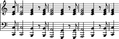 { \override Score.TimeSignature #'stencil = ##f \time 4/4 \partial 8 << \relative c' { <c e c'>8 q2 <c e g>4 r8 q q2 q4 r8 q q2 q4 r8 q q4 }
\new Staff { \clef bass \relative c { <c c,>8 q2 <b b,>4 r8 q <a a,>2 <g g,>4 r8 <g g,> <a a,>2 <b b,>4 r8 q <c c,>4} } >> }