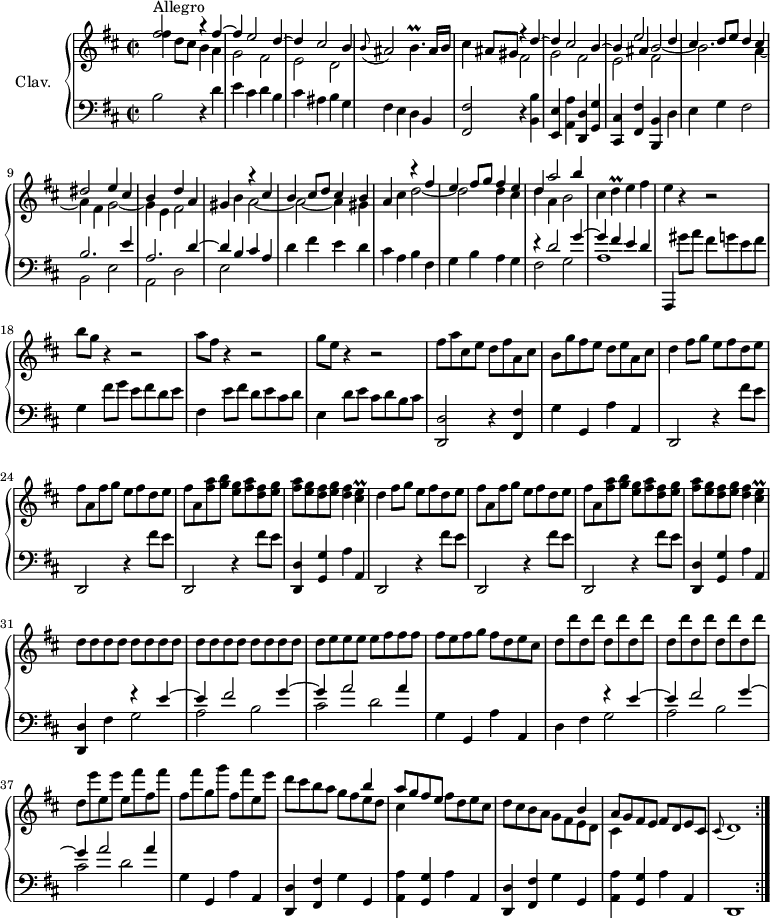 
\version "2.18.2"
\header {
  tagline = ##f
  % composer = "Domenico Scarlatti"
  % opus = "K. 497"
  % meter = "Allegro"
}

%% les petites notes
trillBp     = { \tag #'print { b4.\prall } \tag #'midi { \times 2/3 { cis16 b cis } b4 } }
trillD      = { \tag #'print { d4\prall } \tag #'midi { \times 2/3 { e16 d e } d8 } }
trillCisE   = { \tag #'print { < cis e  >4\prall } \tag #'midi { << { \times 2/3 { fis16 e fis } e8 } \\ { cis4 } >> } }
appoCisdb   = { \tag #'print { \appoggiatura cis8 d1 } \tag #'midi { cis4 d2. } }

upper = \relative c'' {
  \clef treble 
  \key b \minor
  \time 2/2
  \tempo 2 = 86

  \repeat volta 2 {
      s8*0^\markup{Allegro}
      << { fis2 r4 fis4~ | fis e2 d4~ | d cis2 b4 } 
       \\ { fis'4 d8 cis b4 a | g2 fis | e d }  >> | \appoggiatura b'8 ais2 \trillBp ais16 b |
      % ms. 5
      cis4 ais8 gis 
      << { r4 d'4~ | d cis2 b4~ | b \shiftOn ais b2_~  \shiftOn \stemDown b2. a4_~ | a fis g2_~ | g4 e }
       \\ { \stemUp s4*7 e'2 d4 | cis d8 e d4 cis | dis2 e4 cis | b } 
       \\ { \stemDown fis2 | g fis | e fis } >>
      % ms. 10 suite
      << { d'4 a } \\ { fis2 } >> gis4 b 
      << { r4 cis4 | b cis8 d cis4 b } \\ { a2~ | a~ a4 gis } >> | a4 cis 
      << { r4 fis4 | e fis8 g fis4 e } \\ { d2~ | d d4 cis } >>
      % ms. 15
      << { d4 a'2 b4  } \\ { d,4 a b2 } >> cis4 \trillD e4 fis | e r4 r2 | b'8 g r4 r2 |
      % ms. 19
      a8 fis r4 r2 | g8 e r4 r2 | fis8 a cis, e d fis a, cis | b g' fis e d e a, cis |
      % ms. 23
      \repeat unfold 2 { d4 fis8 g e fis d e | fis a, fis' g e fis d e  | fis a, < fis' a > < g b > < e g > < fis a > < d fis > < e g > | < fis a > < e g > < d fis > < e g > < d fis >4 \trillCisE }
      % ms. 31
      \repeat unfold 17 { d8 } e8 e e e fis fis fis | fis e fis g fis d e cis |
      % ms. 35
      \repeat unfold 8 {d d' } d, \repeat unfold 2 { e' e, } \repeat unfold 2 { fis' fis, } fis' g, g' fis, fis' e, e' |
      % ms. 39
      d8 cis b a 
      << { s4 b4 | a8 g fis e } \\ { g fis e d | cis4 } >>  | fis8 d e cis | d cis b a 
      << { s4 b4 | a8 g fis e } \\ { g fis e d | cis4 } >>  | fis8 d e cis | \appoCisdb }%repet

}

lower = \relative c' {
  \clef bass
  \key b \minor
  \time 2/2

  \repeat volta 2 {
    % ************************************** \appoggiatura a16  \repeat unfold 2 {  } \times 2/3 { }   \omit TupletNumber 
      b2 r4 d4 | e cis d b | cis ais b g | fis e d b |
      % ms. 5
      < fis fis' >2 r4 < b b' >4 < e, e' > < a a' > < d, d' > < g g' > | < cis, cis' > < fis fis' > < b, b' > d' | e g fis2 |
      << { b2. e4 } \\ { b,2 e } >>
      % ms. 10
      << { a2. d4~ | d b cis a } \\ { a,2 d | e2 } >> d'4 fis e d | cis a b fis | g b a g |
      % ms. 15
      << { r4 d'2 g4~ | g fis e d } \\ { fis,2 g | a1 } >> | a,,4 gis'''8 a fis g e fis | g,4 fis'8 g e fis d e |
      % ms. 19
      fis,4 e'8 fis d e cis d | e,4 d'8 e cis d b cis | < d,, d' >2 r4  < fis fis' > | g'4 g, a' a, |
      % ms. 23
      \repeat unfold 2 { \repeat unfold 3 { d,2 r4 fis''8 e } | < d,, d' >4 < g g' > a' a, } |
      % ms. 31
      < d, d' >4 fis'4 << { r4 e'4~ | e fis2 g4~ | g a2 a4 } \\ { g,2 | a b | cis d } >> | g,4 g, a' a, 
      % ms. 35
      d4 fis << { r4 e'4~ | e fis2 g4~ | g a2 a4 } \\ { g,2 | a b | cis d } >> | g,4 g, a' a, 
      % ms. 39
      \repeat unfold 2 { < d, d' >4 < fis fis' > g' g, | < a a' > < g g' > a' a, } | d,1 }%repet

}

thePianoStaff = \new PianoStaff <<
    \set PianoStaff.instrumentName = #"Clav."
    \new Staff = "upper" \upper
    \new Staff = "lower" \lower
  >>

\score {
  \keepWithTag #'print \thePianoStaff
  \layout {
      #(layout-set-staff-size 17)
    \context {
      \Score
     \override TupletBracket.bracket-visibility = ##f
     \override SpacingSpanner.common-shortest-duration = #(ly:make-moment 1/2)
      \remove "Metronome_mark_engraver"
    }
  }
}

\score {
  \unfoldRepeats 
  \keepWithTag #'midi \thePianoStaff
  \midi { \set Staff.midiInstrument = #"harpsichord" }
}
