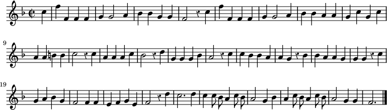 
\relative c'' {
  \override Rest #'style = #'classical
  \key f \major
  \time 2/2
  \partial 4
  \autoBeamOff
  c
  f f, f f
  g g2 a4
  bes bes g g
  f2 r4 c'
  f f, f f
  g g2 a4
  bes bes a a
  g c g c

  a a b b
  c2 r4 c
  a a a c
  bes2 r4 d
  g, g g bes
  a2 r4 c
  c bes bes a
  a g r bes
  bes a a g
  g g r c
  g a bes g

  %tourne

  f2 f4 f
  e f g e
  f2 r4 d'
  c2. d4
  c4 c8 bes a4 c8 bes
  a2 g4 bes
  a c8 bes a4 c8 bes
  a2 g4 g
  f2.
  \bar "|."
}
