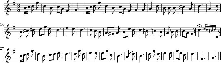 
\relative c'' {
  \key g \major
  \time 3/8
  \autoBeamOff
  b16[ c] d8 g
  d4 b8
  c8[ a] fis
  g4.
  b16[ c] d8 g
  d4 b8
  c[ a] fis
  g4 g8
  a4 d8

  b b b
  cis4 a8
  d4.
  a4 d8
  b cis dis
  e[ g] e
  d4. fis4 e8
  d4. d8 c b
  a[ gis] a

  b[ e] d
  d4 cis8
  c!4 b8
  a b c
  c[ a] g
  d'4\fermata \grace { e16[ d cis d] } d,8
  b'16[ c] d8 g
  d4 b8
  c[ d] e
  d4.

  d8 g d
  e4 e8
  e[ g] c,
  b4.
  a4( d8)
  b4.
  d8 g d
  e4 e8
  g[ e] c
  d4.
  fis,
  g
  \bar "|."
}
