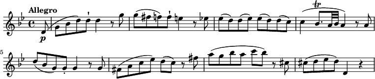 
 \relative c'' {
 \version "2.18.2"
 \key bes \major
 \tempo "Allegro"
 \tempo 4 = 130
 \time 4/4
 \partial 8 d,8\p
 (g bes d) d-! d4 r8 g
 g (fis f ) f-! e4 r8 ees!
 ees (d) d (ees) ees (d) d (c)
 c4 (bes8.\trill [a32 bes] a4) r8 a
 d (bes g) g-. g4 r8 g8
 fis (a c ees) d (c) r8 fis
 a (g bes a c bes) r cis,
 cis (d ees d) d,4 r
}
