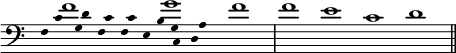 { \override Score.TimeSignature #'stencil = ##f \clef bass << \new Voice \relative d' { \cadenzaOn f1 g f \bar "|" f e c d \bar "||" }
\new Voice \relative c' { \cadenzaOn \override Stem #'transparent = ##t \tiny c4 d c c b g a }
\new Voice { \cadenzaOn \override Stem #'transparent = ##t \tiny f g f f e c d } >> }