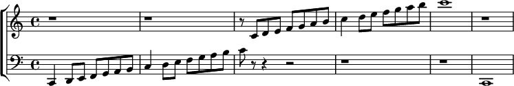 \language "english" \relative c{ \new ChoirStaff << \new Staff <<\new Voice 

\transpose c c 
% \transpose c c IS DEFAULT: CHANGE TO c d TWICE

{\clef treble \key c \major r1 r1 | r8  c' d'8 e' f' g' a' b' | c''4 d''8 e'' f'' g'' a'' b'' | c'''1 |r1} \new Staff 

\transpose c c 
% \transpose c c IS DEFAULT: CHANGE TO c d TWICE

{ \clef bass  \key c \major  c,4 d,8 e, f, g, a, b, | c4 d8 e f g a b | c' r8 r4 r2 r1 | r1 |c,1} >> >> }       
% close 