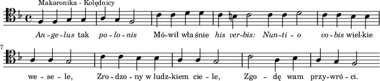 
\relative c {
\clef tenor
\key f \major
\time 4/4
\autoBeamOff

\stemUp f4 ^\markup{ \small { Makaronika - Kolędnicy } }
   f g g |
a g f2 |
\stemDown c'4 c d d |

c b c2 \bar "|:"
c4 c d2 |
c4 c bes bes | 

\stemUp a4 a g2 |
\stemDown c4 c bes bes |
\stemUp a a g2 |

\stemDown c2 a4 bes |
\stemUp a g f2 \bar ":|"
}
\addlyrics { \small {
\markup \italic An -- \markup \italic ge -- \markup \italic lus tak \markup \italic po -- \markup \italic lo -- \markup \italic nis
Mó -- wił wła -- śnie
\markup \italic his \markup \italic ver -- \markup \italic bis: \markup \italic Nun -- \markup \italic ti -- \markup \italic o \markup \italic vo -- \markup \italic bis wiel -- kie we -- se -- le,
Zro -- dzo -- ny w_ludz -- kiem cie -- le, 
Zgo -- dę wam przy -- wró -- ci.
} }
