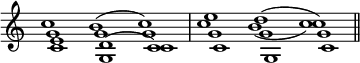 { \override Score.TimeSignature #'stencil = ##f \time 3/1 \key c \major <<
\new Voice \relative c'' { c1 b^( c) | e d^( c) \bar "||" }
\new Voice \relative g' { g1 g g | c b_( c) }
\new Voice \relative e' { e1 d^( c) | g' g g }
\new Voice \relative c' { c1 g c | c g c } >> }