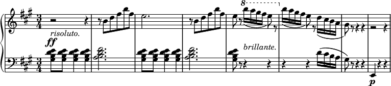 
 \ related c '{\ new PianoStaff << \ new Staff {\ key fis \ minor \ time 3/4 \ set Score.tempoHideNote = ## t \ tempo "" 2. = 64 r2_ \ markup {\ italic risoluto.  } r4 r8 b 'd fis b fis e2.  r8 bd fis b fis e8 r \ ottava # 1 \ set Staff.ottavation = # "8" \ voiceTwo b''16 (a gis fis e8) r \ ottava # 0 b16 (a gis fis e8) r d16 (cis ba gis8) r r4 r r2 r4} \ new Dynamics {s2 \ ff s4 s8 sssss s2.  s8 sssss s8 s s16_ \ markup {\ italic brillante.  }} \ new Staff {\ key fis \ minor \ time 3/4 \ clef bass <gis, bd e> 8 <gis bd e> <gis bd e> 4 <gis bd e> <abd fis> 2.  <gis bd e> 8 <gis bd e> <gis bd e> 4 <gis bd e> <abd fis> 2.  <gis bd e> 8 r r4 rrr d'16 (cis ba gis8) r r4 re, \ prr} >>}
