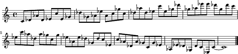 
{

\modalTranspose c c' { c des ees ges aes } { c8 des aes } 
\modalTranspose c des' { c des ees ges aes } { c des aes } 
\modalTranspose c ees' { c des ees ges aes } { c des aes } 
\modalTranspose c ges' { c des ees ges aes } { c des aes } 
\modalTranspose c aes' { c des ees ges aes } { c des aes } 
\modalTranspose c c'' { c des ees ges aes } { c des aes } 
\modalTranspose c des'' { c des ees ges aes } { c des aes } 
\modalTranspose c ees'' { c des ees ges aes } { c des aes } 
\modalTranspose c ges'' { c des ees ges aes } { c des aes } 

\modalInversion c ees''' { c des ees ges aes } { c des aes } 
\modalInversion c des''' { c des ees ges aes } { c des aes } 
\modalInversion c c''' { c des ees ges aes } { c des aes } 
\modalInversion c aes'' { c des ees ges aes } { c des aes } 
\modalInversion c ges'' { c des ees ges aes } { c des aes } 
\modalInversion c ees'' { c des ees ges aes } { c des aes } 
\modalInversion c des'' { c des ees ges aes } { c des aes } 
\modalInversion c c'' { c des ees ges aes } { c des aes } 
\modalInversion c aes' { c des ees ges aes } { c des aes } 
\modalInversion c ges' { c des ees ges aes } { c des aes } 
\modalInversion c ees' { c des ees ges aes } { c des aes } 
\modalInversion c des' { c des ees ges aes } { c des aes } 

c'8~ c'1

\bar "|."
}
