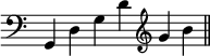 { \override Score.TimeSignature #'stencil = ##f \time 6/4 { \clef bass g, d g d' \clef treble g' b' \bar "||" } }