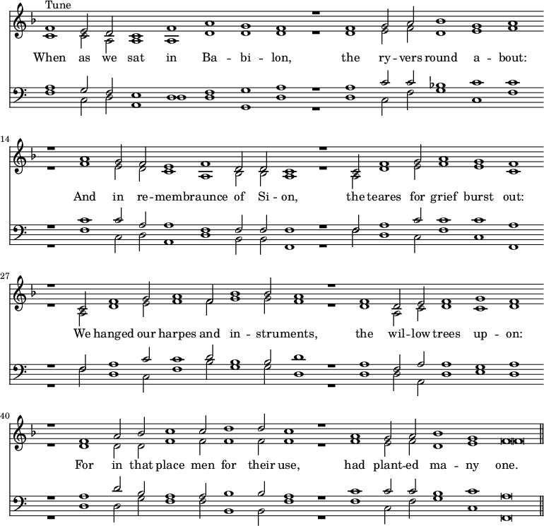 << \set Timing.defaultBarType = "" \override Score.TimeSignature #'stencil = ##f \new Staff << \key f \major \new Voice ="tune" { \voiceOne \relative f' { f1^"Tune" e2 d c1 f a g f r f g2 a bes1 g a r a g2 f e1 f d2 d c1 r c2 f1 g2 a1 g f r c2 f1 g2 a1 f2 bes1 bes2 a1 r f d2 e f1 g f r f a2 bes c1 c2 d1 d2 c1 r a g2 a bes1 g f\breve } }
\new Voice { \voiceTwo \relative c' { c1 c2 a a1 a d d d r d e2 f d1 e f r f e2 d c1 a1 bes2 bes a1 r a2 d1 e2 f1 e c r a2 d1 e2 f1 f2 g1 g2 f1 r d a2 c d1 c d r d d2 d f1 f2 f1 f2 f1 r f e2 f d1 e f\breve } } >>
\new Lyrics \lyricsto "tune" { When as we sat in Ba -- bi -- lon, the ry -- vers round a -- bout: And in re -- mem -- braunce of Si -- on, the teares for grief burst out: We hanged our harpes and in -- stru -- ments, the wil -- low trees up -- on: For in that place men for their use, had plant -- ed ma -- ny one. }
\new Staff << \clef bass \new Voice { \voiceOne \relative a { a1 g2 f e1 d f g a r a c2 c bes1 c c r c c2 a a1 f f2 f f1 r f2 a1 c2 c1 c a r f2 a1 c2 c1 d2 b1 b2 d1 r a f2 a a1 g a r a d2 b a1 a2 b1 b2 a1 r c c2 c b1 c a\breve \bar "||" } }
\new Voice { \voiceTwo \relative f { f1 c2 d a1 d d g, d' r d c2 f g1 c, f r f c2 d a1 d b2 b f1 r f'2 d1 c2 f1 c f, r f'2 d1 c2 f1 b2 g1 g2 d1 r d d2 a d1 e d r d d2 g f1 f2 b,1 b2 f'1 r f c2 f g1 c, f,\breve } } >> >>