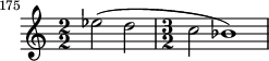  \relatif c" { \mengatur Skor.tempoHideNote = ##t \tempo 2 = 44 \mengatur Skor.currentBarNumber = #175 \bar "" \mengatur Staf.midiInstrument = #"flute" \transposisi g \numericTimeSignature \time 2/2 ees2( d2 \waktu 3/2 c2 bes1) } 