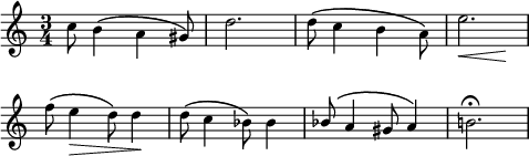 
\score {
\relative c'' {
\clef G
\key c \major
\time 3/4
\override Score.BarNumber #'break-visibility = #'#(#f #f #f)
c8 b4\( \stemDown a \stemNeutral gis8\) | d'2. | d8\( c4 b \stemDown a8\) | << e'2. { s4\< s4 s4\! } >> | \break
f8\( e4\> d8\) d4\! | d8\( c4 bes8\) bes4 | \stemUp \phrasingSlurUp bes8\( a4 gis8 a4\) | \stemNeutral b!2.\fermata |
}
\layout{
    indent = 0\cm
  line-width = #120
  \set fontSize = #-1
} %layout
} %score
\header { tagline = ##f}
