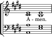 
\new ChoirStaff << 
  \new Staff { \clef treble \time 4/2 \key e \major \set Staff.midiInstrument = "church organ" \omit Staff.TimeSignature \set Score.tempoHideNote = ##t \override Score.BarNumber  #'transparent = ##t
  \relative c' 
  << { e1 e } \\
  { cis b } >> 
  } 
\addlyrics { A -- men. } 
\new Staff { \clef bass \key e \major \set Staff.midiInstrument = "church organ" \omit Staff.TimeSignature
  \relative c'
  << { a gis } \\
  { a, e' } >>
  } 
>>
\layout { indent = #0 }
\midi { \tempo 4 = 92 }
