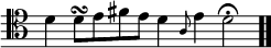 \relative c' { \override Score.TimeSignature #'stencil = ##f \time 7/4 \clef tenor d d8^\turn[e fis e] d4 \grace a8 e'4 d2\fermata \bar ".." }